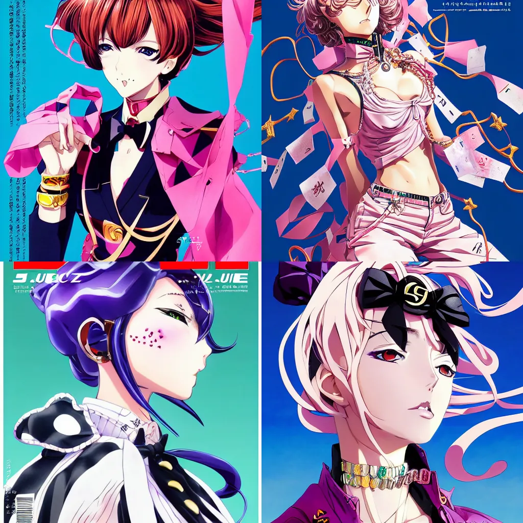 Image similar to Magazine Cover Anime key visual of a Gucci girl; official media; typography; drawn by Hirohiko Araki; Jojo's Bizarre Adventure; Jojolion, portrait, made by Stanley Artgerm Lau, WLOP, Rossdraws, James Jean, Andrei Riabovitchev, Marc Simonetti, Yoshitaka Amano, ArtStation