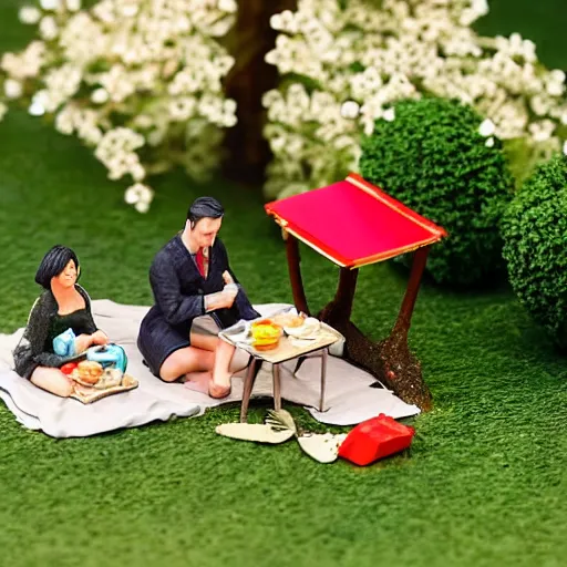 Image similar to a miniature diorama model of a couple having a picnic in a Tokyo park