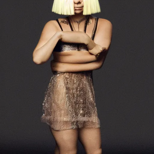 Image similar to Sia Furler wearing a leatoard full body photoshoot