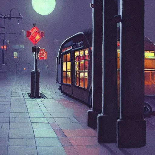 Image similar to dark city bus stop, painting by Hayao Miyazaki,ArtStation