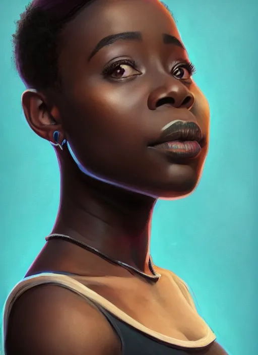 Image similar to 3/4 portrait of Kirby Howell-Baptiste wearing a modern black tank top, art nouveau, D&D, fantasy, elegant, highly detailed, digital painting, artstation, concept art, matte, sharp focus, illustration, art by Artgerm and Greg Rutkowski and WLOP