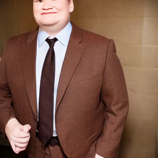 Image similar to Andy Richter is wearing a chocolate brown suit and necktie. Andy is standing inside a bathtub with the shower running over him. The suit and necktie are soaking wet.