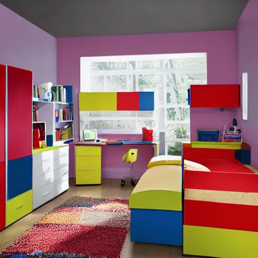 Prompt: award-winning colorful modern boy's room catalog photo. single bed. A single window illuminates the bed and the desk.