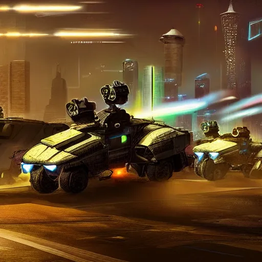 Prompt: cyberpunk military vehicles in combat, realistic, night time, bright explosions, shooting