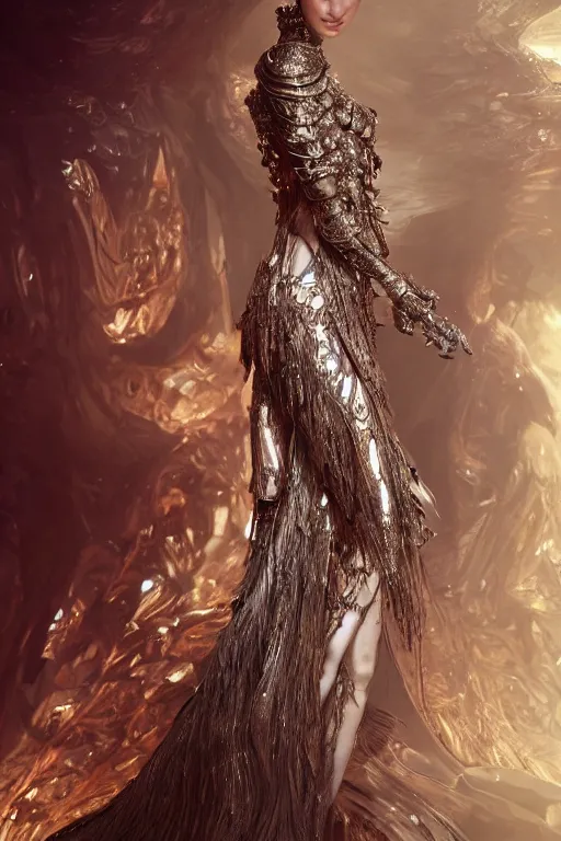 Prompt: a highly detailed 4 k portrait render of an alien goddess bella hadid in iris van herpen dress schiaparelli armor in diamonds and lots of jewelry in style of alphonse mucha trending on artstation made in unreal engine 4