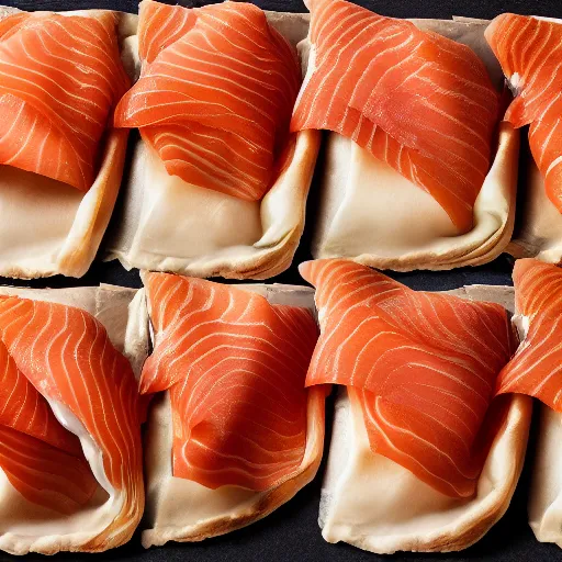 Image similar to thin pastry cases stuffed with smoked salmon and scallop, 8 k resolution, food photography, studio lighting, sharp focus, hyper - detailed