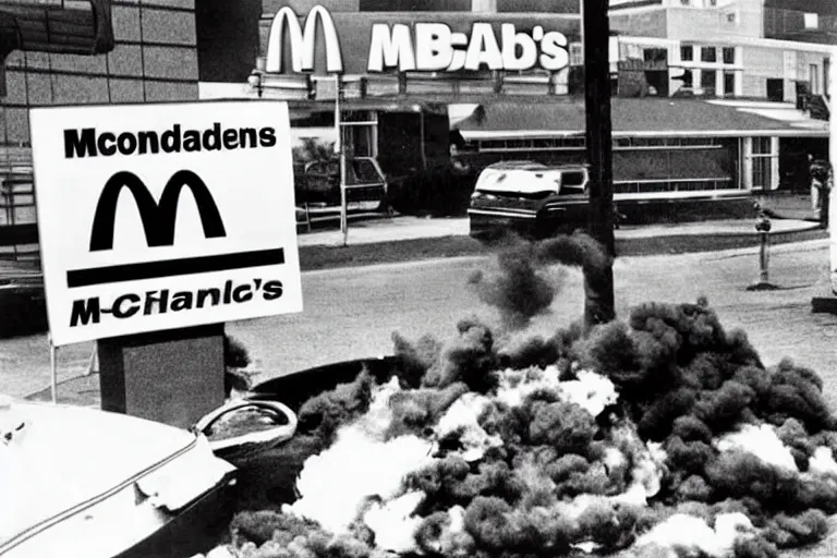 Prompt: mcdonalds hamburger blows up, historical photograph