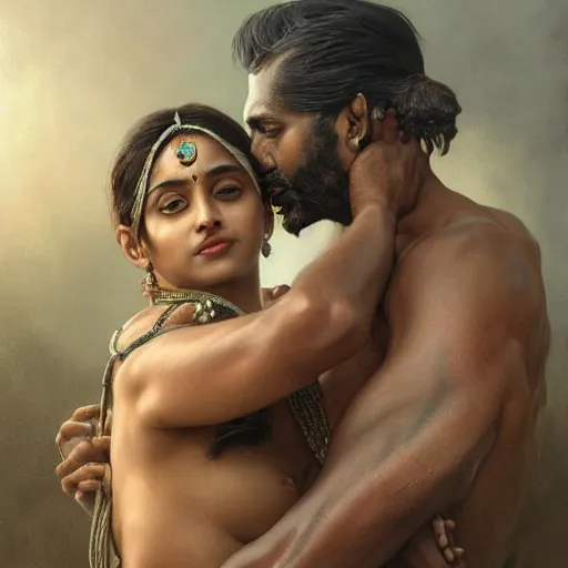 Prompt: portrait painting of dark muscular oiled indian couple kissing, ultra realistic, concept art, intricate details, eerie, highly detailed, photorealistic, octane render, 8 k, unreal engine. art by artgerm and greg rutkowski and alphonse mucha