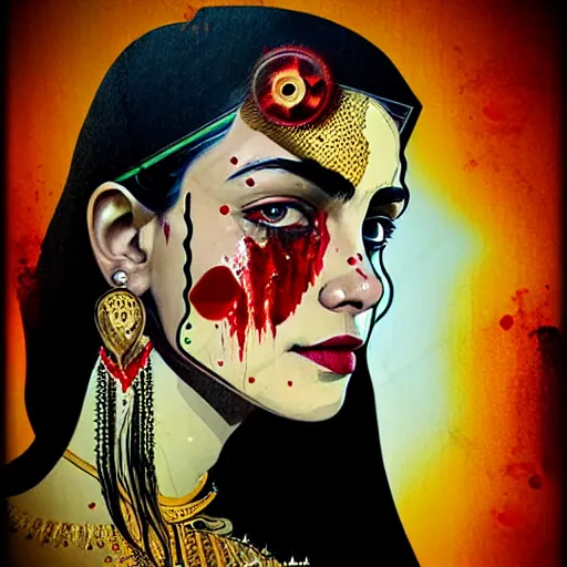 Image similar to portrait of chitral woman :: side profile :: in ocean :: clockwork details :: gold :: blood and horror :: by marvel and Sandra Chevrier