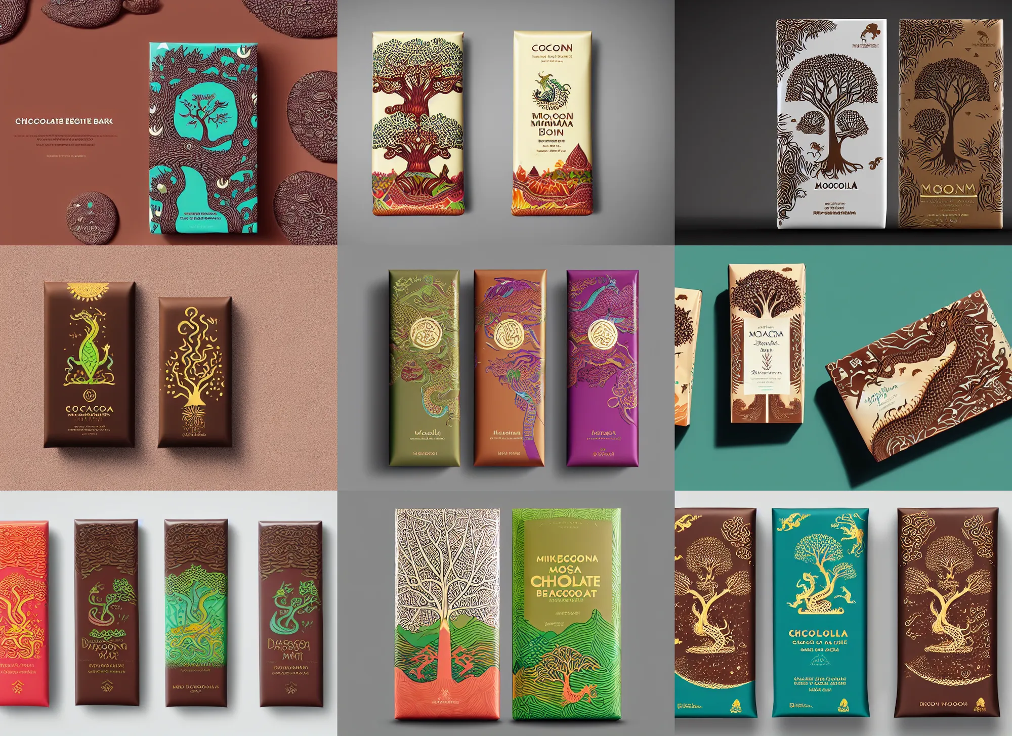 Image similar to conceptual designer chocolate bar packaging, inspired by moonlit socotra island with dragon trees, midsommar color theme, kerala motifs, label design, behance, pinterest, packaging of the world, award, front label, packaging design, octane render