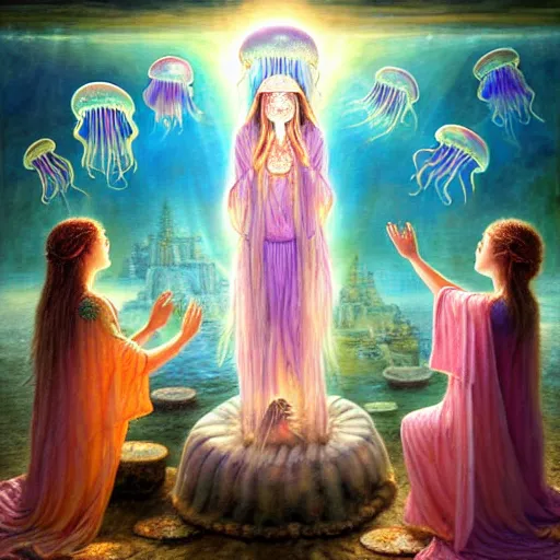 Image similar to A painting of priestesses worshipping at the jellyfish temple, shrouded in mist, jellyfish god, jellyfish priestess, jellyfish shrine maiden, 8K, illustration, art by Lilia Alvarado, Sophie Anderson, Mark Arian, Bob Byerley, Charlie Bowater, Mark Brooks, Steve Henderson, Justin Gerard, Arthur Hughes, Edward Robert Hughes, Mark Keathley, Victor Nizovtsev, Carlos Shwabe, Ross Tran, WLOP, smoke, undersea temple with fish, cinematic, insanely detailed and intricate, hypermaximalist, elegant, super detailed, award-winning, magenta and crimson and cyan, rainbow accents, iridescence, bioluminescence, mysterious, ancient, ritual, trending in cgsociety, artstation HQ, ornate, elite, haunting, matte painting, beautiful detailed, insanely intricate details, dreamy and ethereal, otherworldly