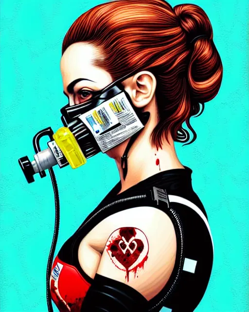 Image similar to portrait of a rogue agent wearing oxygen mask, has blood, rose, a pistol and a syringe needle with sea background intricate details with horror side profile by Sandra Chevrier