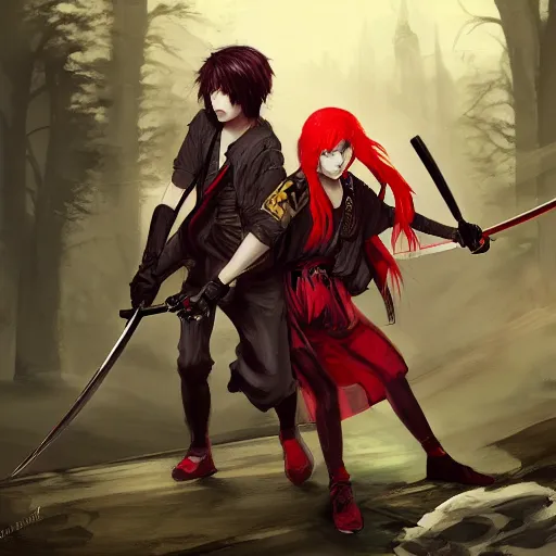 Image similar to a concept art of a boy and a girl with red hair holding a katana, gothic clothes, action shot, highly detailed, digital painting, artstation, concept art, smooth, sharp focus, illustration