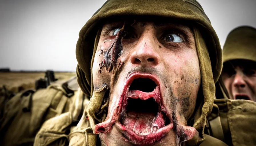 Prompt: World War 1 soldier screaming in horror, close-up of face, wartorn landscape, bullets whizzing past camera, dirty lens, shallow depth of field, cinematic lighting, IMAX, cinematography, 35mm