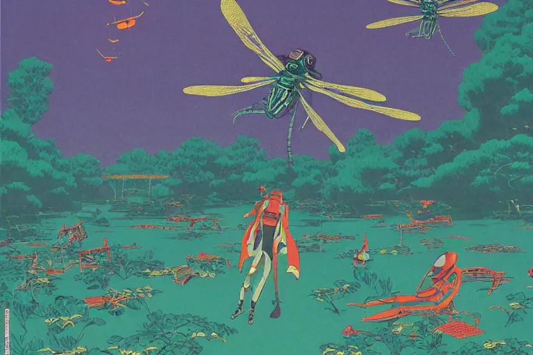 Image similar to gigantic dragonflies catch tiny cars, a lot of exotic mechas robots around, heads are all over the ground, acid and dreaming psychedelic hallucinations, risograph by kawase hasui, dirtyrobot, edward hopper, satoshi kon and moebius, colorful flat surreal design, super - detailed, a lot of tiny details, fullshot