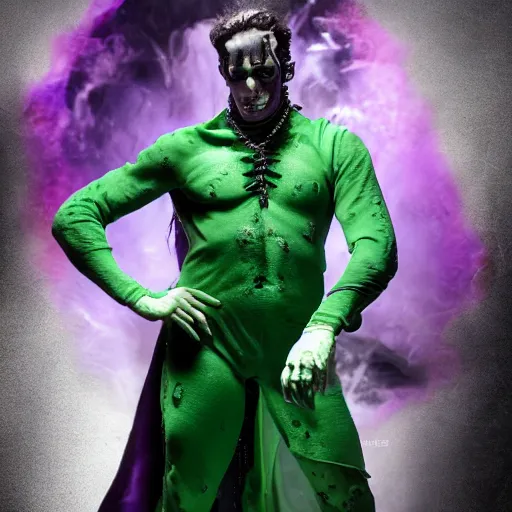 Image similar to frankenstein in green and purple, detailed skin, shiny jewels, professional make up, elvis hair style, created by the make up artist hungry, photographed by andrew thomas huang, cinematic, expensive visual effects