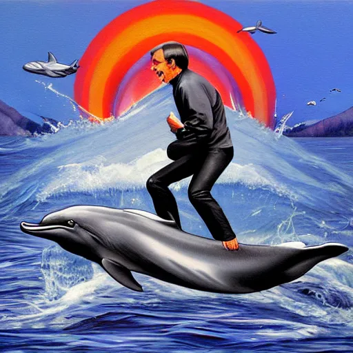 Image similar to steve jobs riding a dolphin, painting