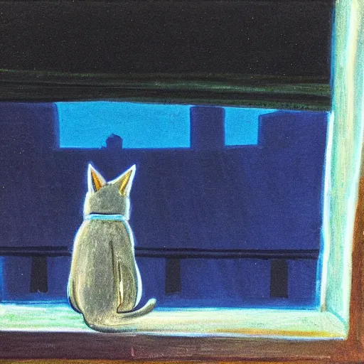 Image similar to The blue cat looking out of the window at night