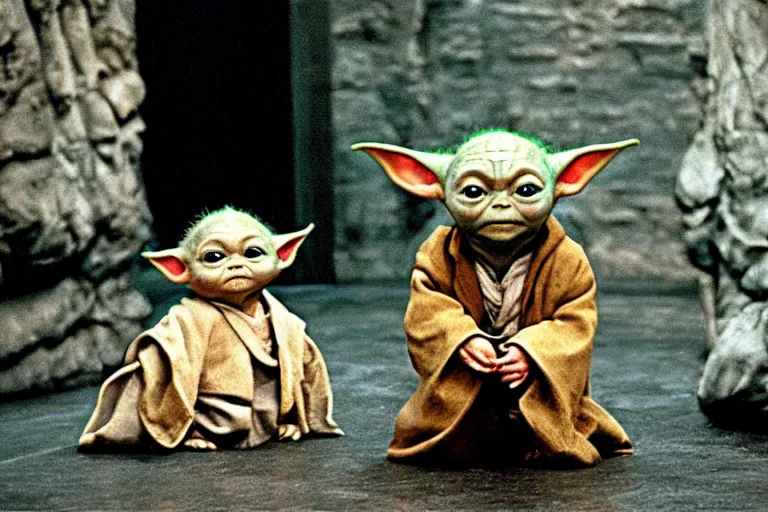 Image similar to promotional image of Baby Yoda in Harry Potter and the Philosopher's Stone (2001 film) standing in front of the Mirror of Erised and staring at his reflection, movie still, promotional image, imax 70 mm footage