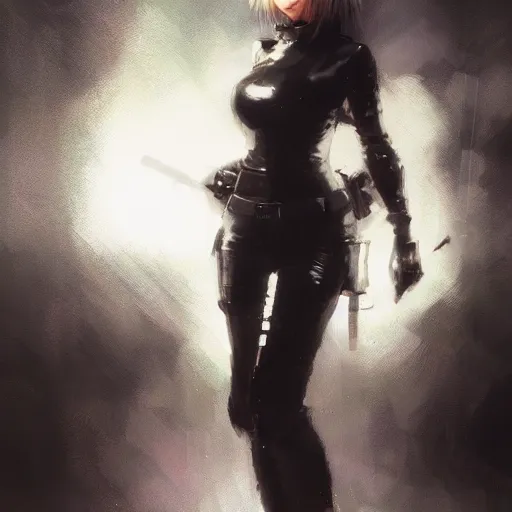 Image similar to painting of yorha no. 2 type a wearing skintight leather jacket holding a gun, by jeremy mann, fantasy art, dynamic lighting, artstation, poster, volumetric lighting, 4 k, award winning