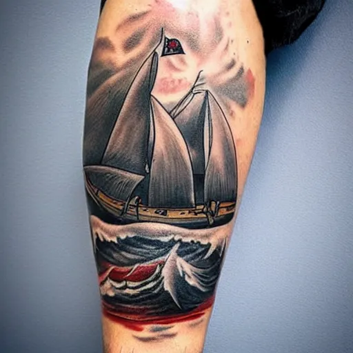 Image similar to a pirate ship sailing in the sea, realism tattoo design, white background, by Matteo Pasqualin tattoo artist