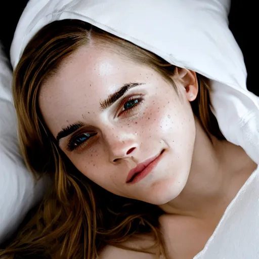 Image similar to emma watson in bed, under a white blanket, bare shoulders, freckles, no makeup, no filter, natural skin, messy hair, sleepy, smiling sheepishly