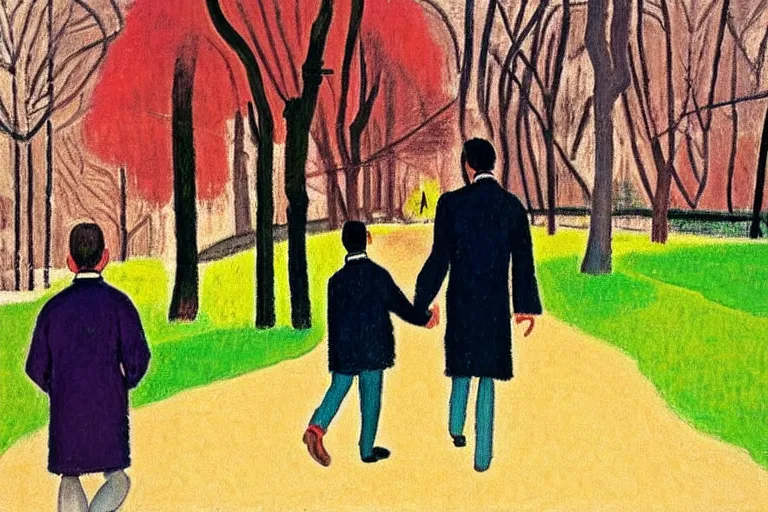 Prompt: a very tall man named John with dark hair holding the hands of a short young boy named Alex with dark hair as they walk in a park on a bright beautiful colorful winter day. part in the style of an edgar degas painting. part in the style of david hockney