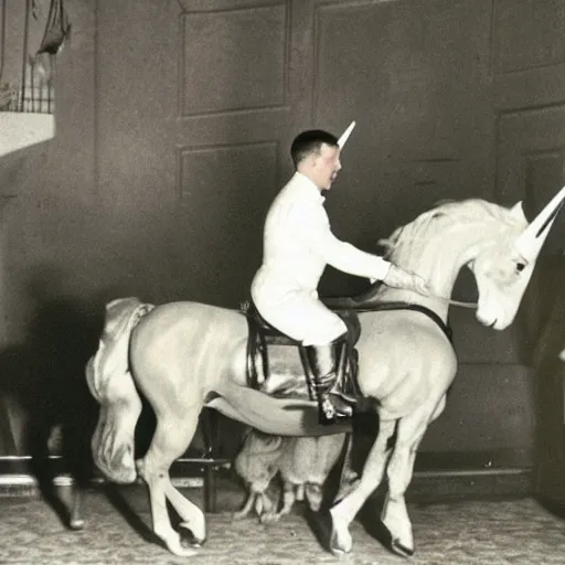 Prompt: adolf hitler riding on a unicorn