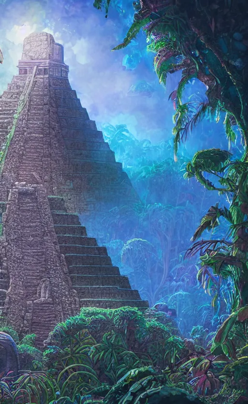 Image similar to a mayan temple, microscopic tardigrade, microbiology, magical forest, ruins, civilization, vegetation, futuristic, sharp focus, electric swirls, backlight, risograph, intricate details, disney pixar, james gilleard, moebius, print, iridescent, global illumination, anime, game art
