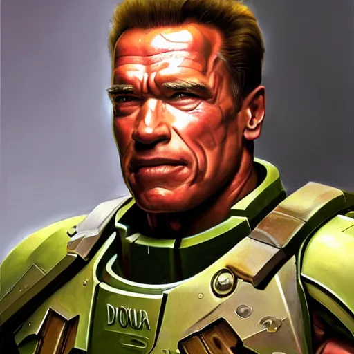 Image similar to Arnold Schwarzenegger as the Doomguy, closeup character art by Donato Giancola, Craig Mullins, digital art, trending on artstation