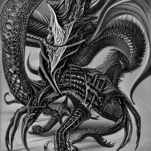 Image similar to detailed photograph of an exotic biomechanical dragon by h. r. giger