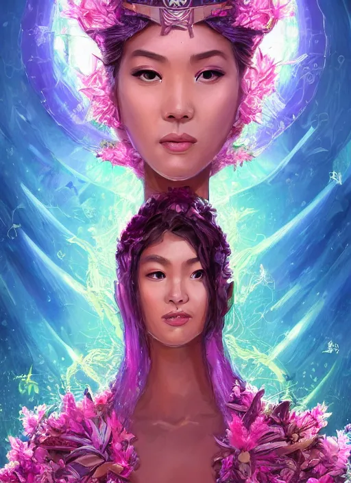 Prompt: portrait of Celestial Hawaiian Goddess of the Multiverse as a futuristic princess, inside future fighter, pink blush, rule of thirds, face anatomy, sci-fi, fantasy, intricate, lush garden spaceship, elegant, human anatomy, royal green and nature light, highly detailed, digital painting, artstation, concept art, smooth, sharp focus, illustration, art by tian zi and WLOP and alphonse mucha