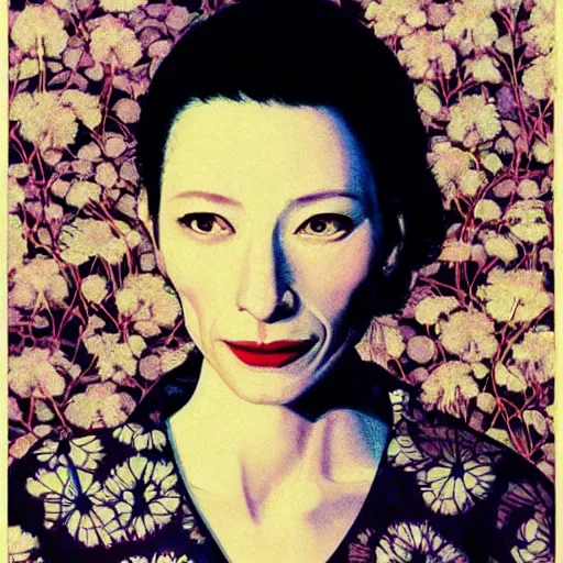 Prompt: “ cate blanchett portrait by ikenaga yasunari and ayana otake and ko rakusui, 6 0 s poster, drawing, realistic, sharp focus, japanese, dreamy, nostalgia, faded, golden hues, floral clothes, porcelain skin ”