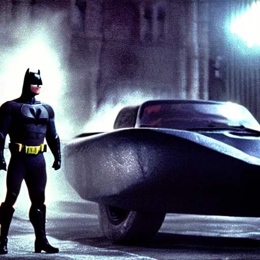 Prompt: henry cavill as batman in batman ( 1 9 8 9 ), standing next to the batmobile, by tim burton, dark deco, gotham city, film still