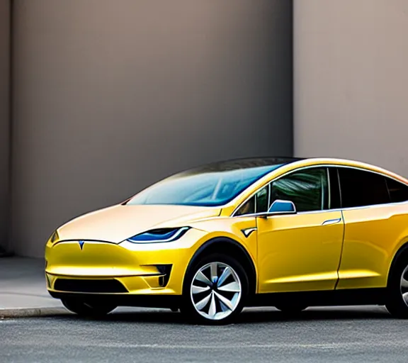 Image similar to a beautiful!!!!!!! studio photograph of a yellow-Tesla-Model-X; f/1.4; 90mm