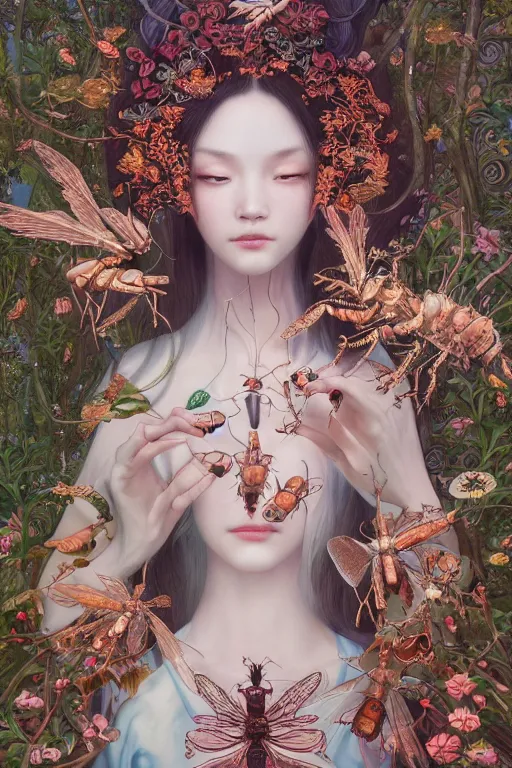 Image similar to breathtaking detailed concept art painting of the goddess of bugs, orthodox saint, with anxious, piercing eyes, ornate background, amalgamation of leaves and flowers, by Hsiao-Ron Cheng, James jean, Miho Hirano, Hayao Miyazaki, extremely moody lighting, 8K
