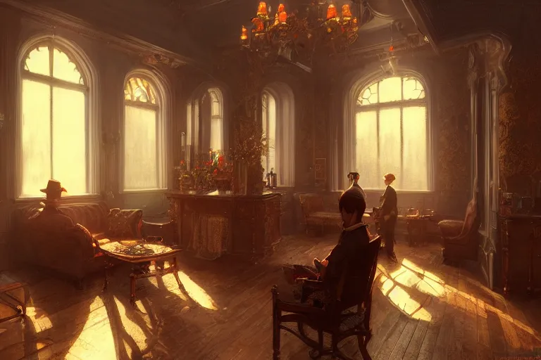 Prompt: an ornate victorian house interior, party inside, scene inside. 1 8 9 0, key visual, conceptart, ambient lighting, highly detailed, digital painting, artstation, concept art, sharp focus, by makoto shinkai and akihiko yoshida and greg manchess