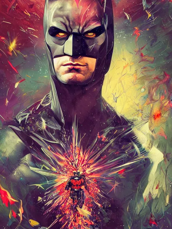 Prompt: art portrait of batman with flower exploding out of head,by tristan eaton,Stanley Artgermm,Tom Bagshaw,Greg Rutkowski,Carne Griffiths,trending on DeviantArt,face enhance,chillwave,minimalist,cybernetic, android, blade runner,full of colour,