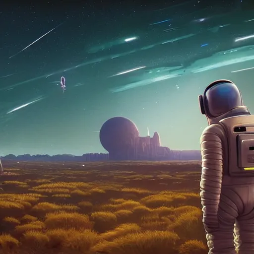 Image similar to a lonely astronaut overlooking at an amazing alien landscape and the universe, digital art, breathtaking, golden ratio, extremely detailed, establishing shot, hyperrealistic, cinematic lighting, particles, unreal engine, simon stålenhag, rendered by Beeple, Makoto Shinkai, syd meade, simon stålenhag, Ruan Jia, Kentaro Miura, environment concept, artstation, octane render, 4K UHD image