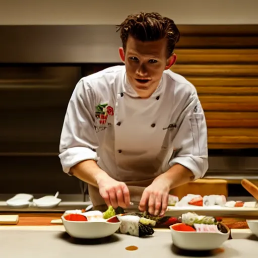 Prompt: Tom Holland with a beard as a chef making sushi, Cinematic shot, studio lighting