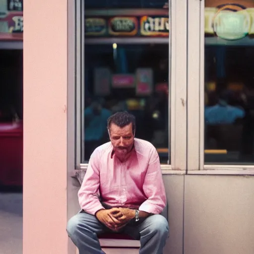 Image similar to a photo of a man sitting outside a crowded restaurant, he is staring at a computer screen, pastel background colours and square lighting structures in the background. 2 0 0 mm, bokeh, kodak ektar 1 0 0, portrait photography,