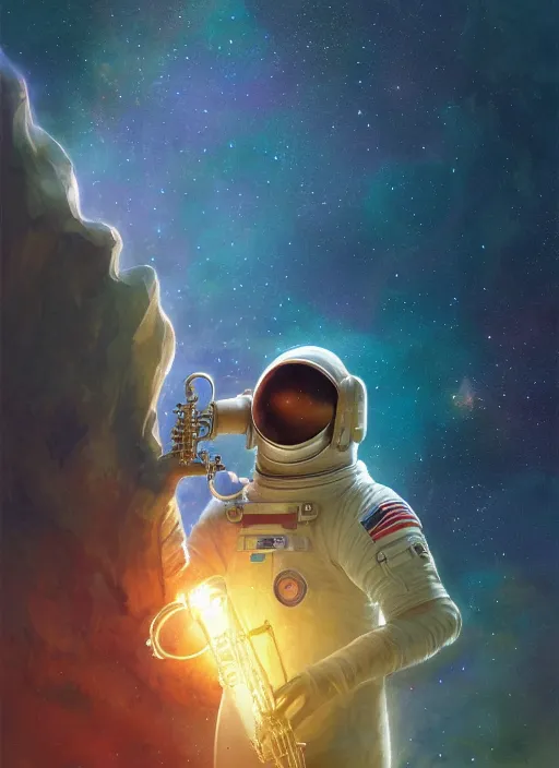 Prompt: craig mullins and ghibli digital illustration of an astronaut in the middle of the cosmos playing the saxophone, strong contrast, earth, galaxies, ethereal, inviting, bright, raking light from constellations, unreal engine, hyper realism, realistic shading, cinematic composition, realistic render, octane render, detailed textures, photorealistic, wide shot