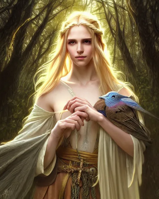 Prompt: blonde braided hair young mage wearing a heavy cloak and chemise enchanting a bird in the forest, fantasy character portrait, ultra realistic, intricate, elegant, highly detailed, digital painting, artstaion, smooth, sharp, focus, illustration, art by artgerm and greg rutkowski and alphonse mucha