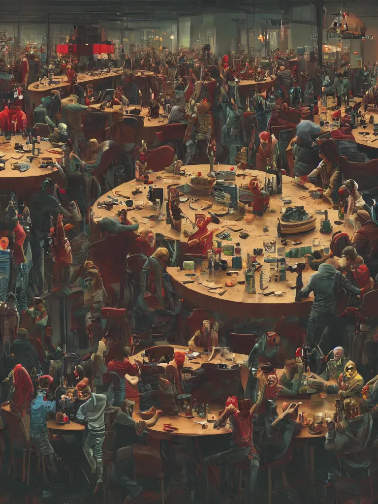 Image similar to a large table with punks, criminals and robots in a painting from stalenhag, 4 k, 8 k, hdr, artstation, concept art