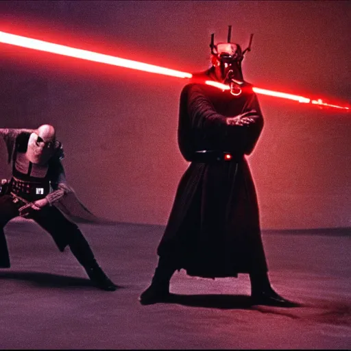 Prompt: a film still of Alec guiness as obiwan kenobi dueling darth maul in star wars 1977. medium shot. light sabers