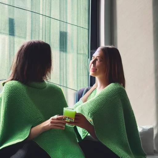 Image similar to knitted blankets women drinking green juice in front of window with a courtyard in the background