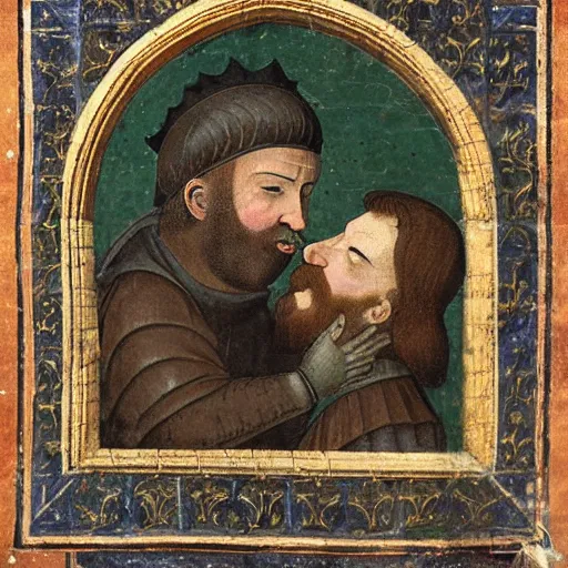 Prompt: medieval art, bearded man kissing bearded man