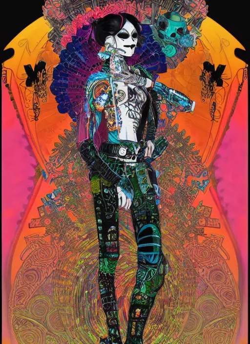 Image similar to cute punk goth fashion hippy fractal Día de los Muertos alien girl wearing kimono made of circuits and leds by Zhang Jingna, poster art by Dan Mumford Kilian Eng Hannah Jeffrey Smith Rick Griffin Alphonse Mucha