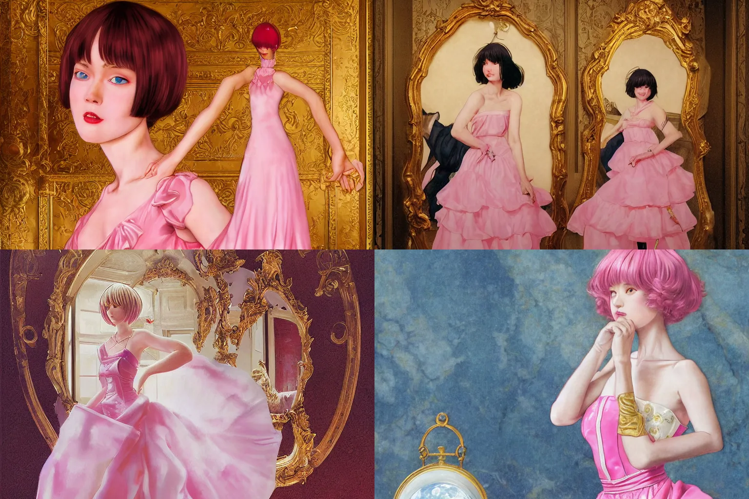 Prompt: Rei Ayanami, wearing a pink ballroom gown, photorealistic background of a marble and gold ballroom, full body shot, highly detailed, smooth, digital painting by norman rockwell, promotional art