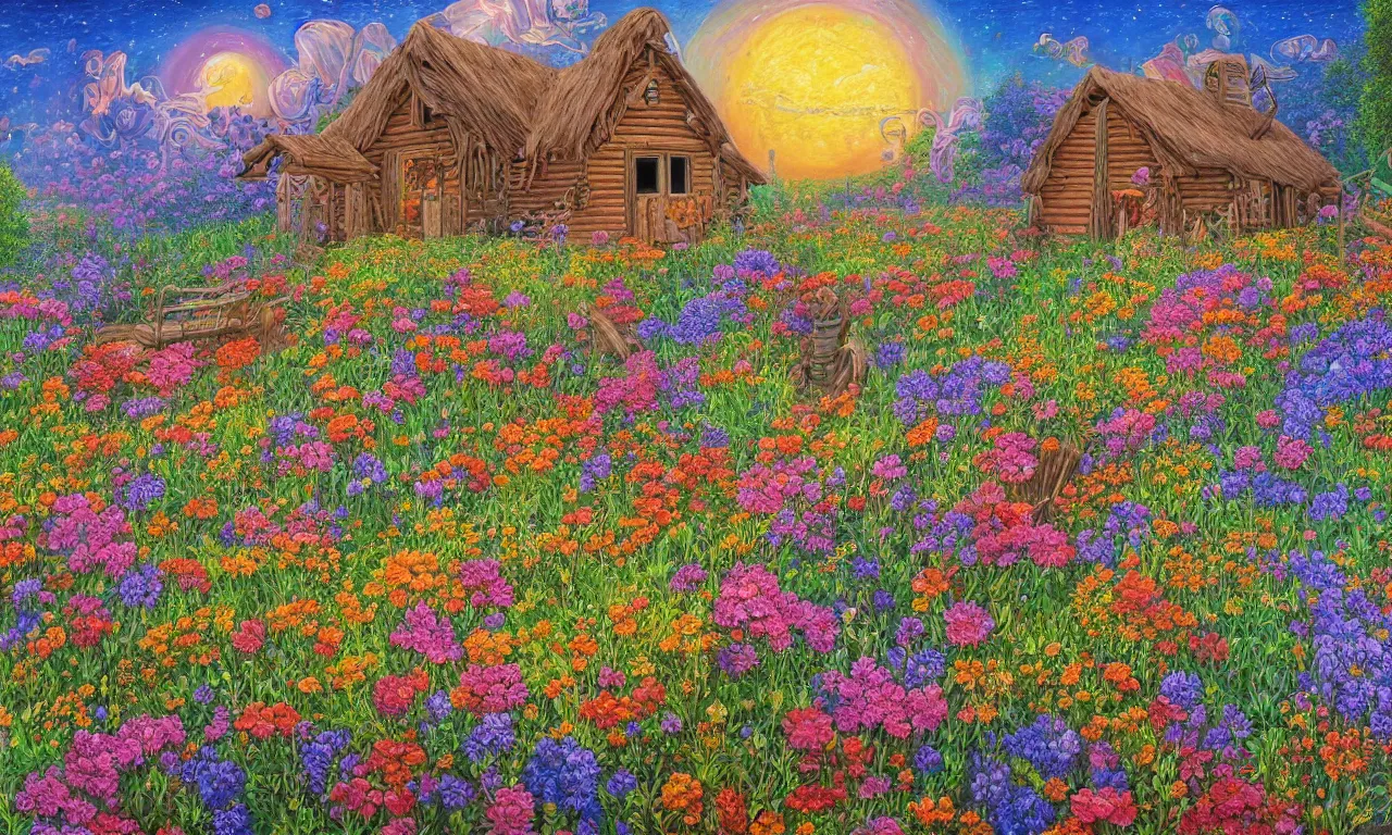 Image similar to a cabin in a mystical field of flowers, oil on canvas, intricate, hd, digital art, complementing colors, detailed, illustration painting by alex gray, digital art, moebius